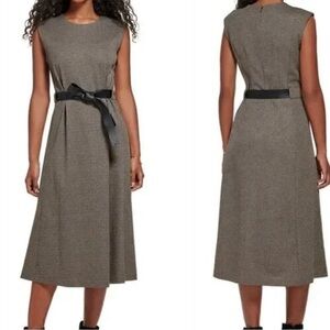Calvin Klein Brown Textured Midi Dress with Black Waist Sash (S-6)